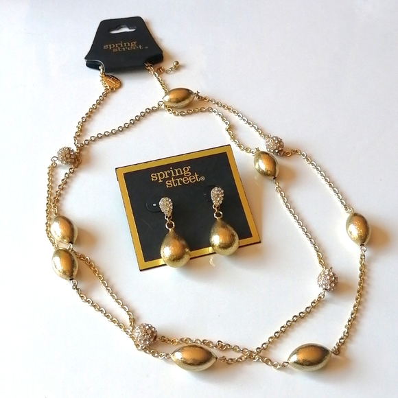 NWT Spring Street Gold Clear Rhinestone Necklace & Earrings - Picture 1 of 8